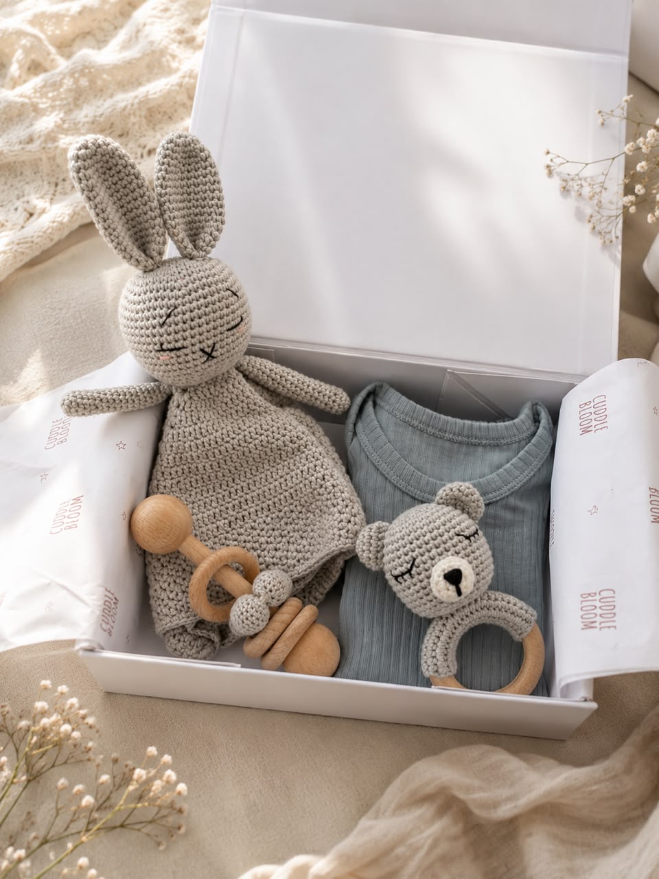 Grey Gift Edit – Baby Bodysuit, Crochet Bunny Comforter & Rattle Gift Set