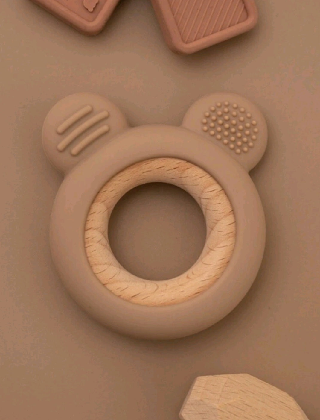 Bear Shaped Brown Silicone and Wooden Teether Ring – natural baby teether by Cuddle Bloom Pakistan