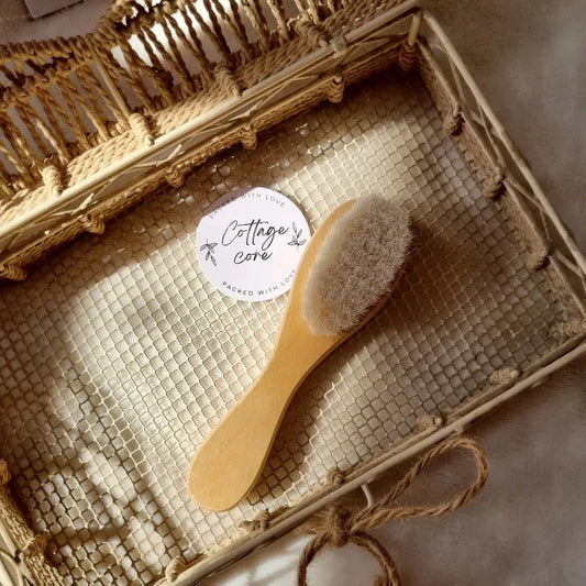 Natural Wooden Baby Brush Set styled – cottagecore baby grooming set, Cuddle Bloom