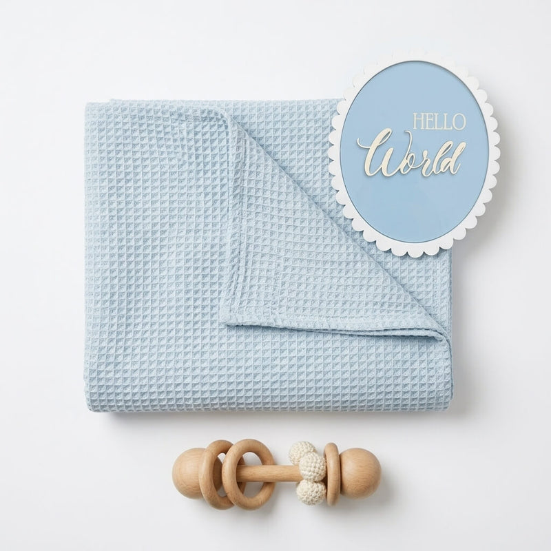 Cloud Blue Waffle Knit Baby Blanket & Wooden Rattle Set – "Hello World"