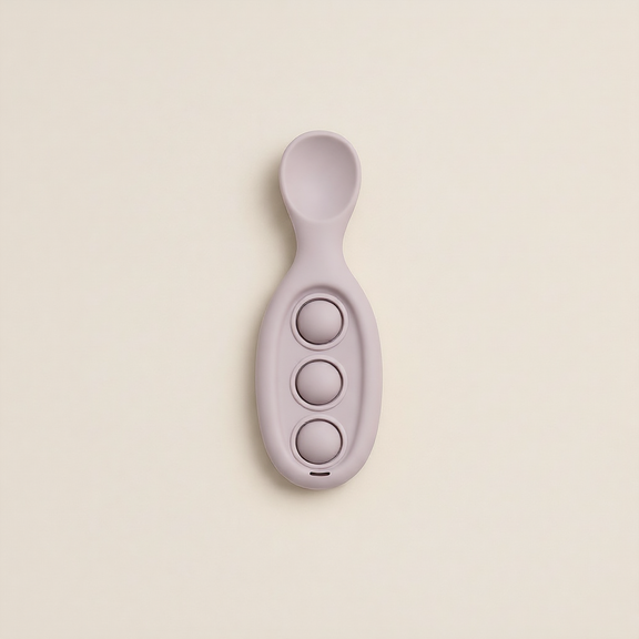 Silicone Fidget Button Spoon Set colours – lavender brown beige baby spoons, Cuddle Bloom