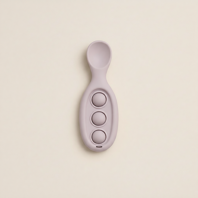 Silicone Fidget Button Spoon Set colours – lavender brown beige baby spoons, Cuddle Bloom