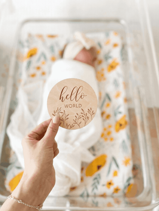 Hello World Birth Announcement Board styled – baby keepsake prop, Cuddle Bloom