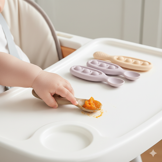Silicone Fidget Button Spoon Set lifestyle – baby self-feeding spoons, Cuddle Bloom