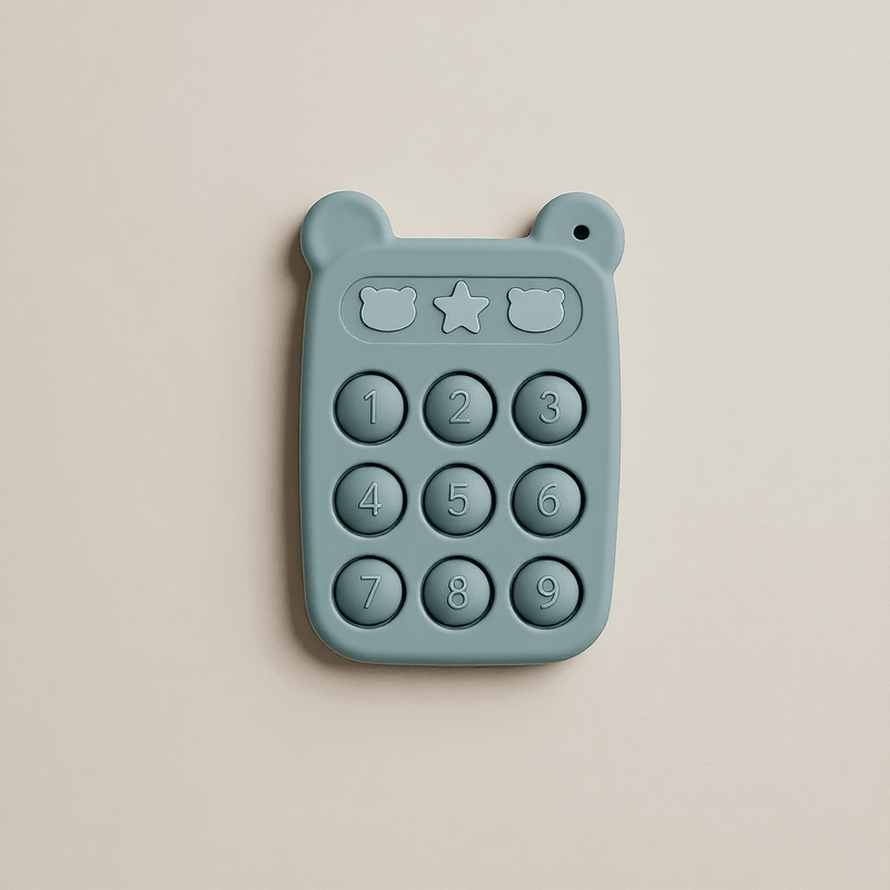 Beary Press on Phone Teething Toy in peach – silicone baby toy, Cuddle Bloom
