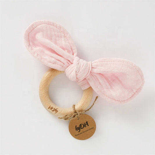 Organic Muslin Baby Bib Set detail – washable bibs with bunny teether, Cuddle Bloom