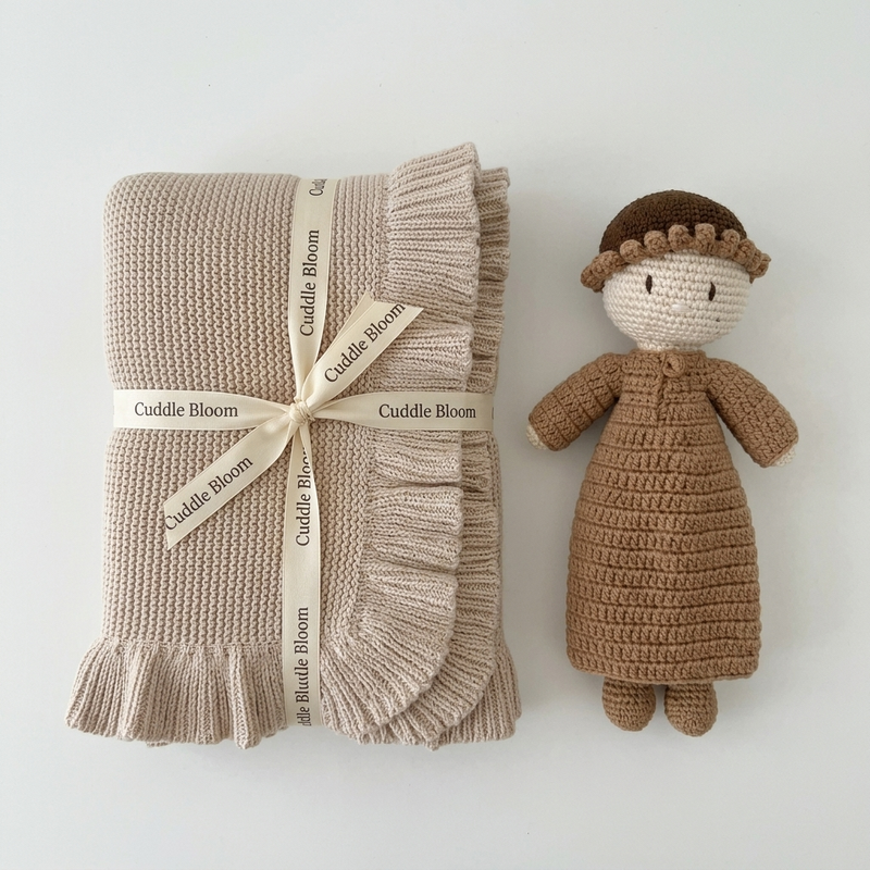 Cream Ruffle Knit Baby Blanket with Handmade Crochet Doll Set