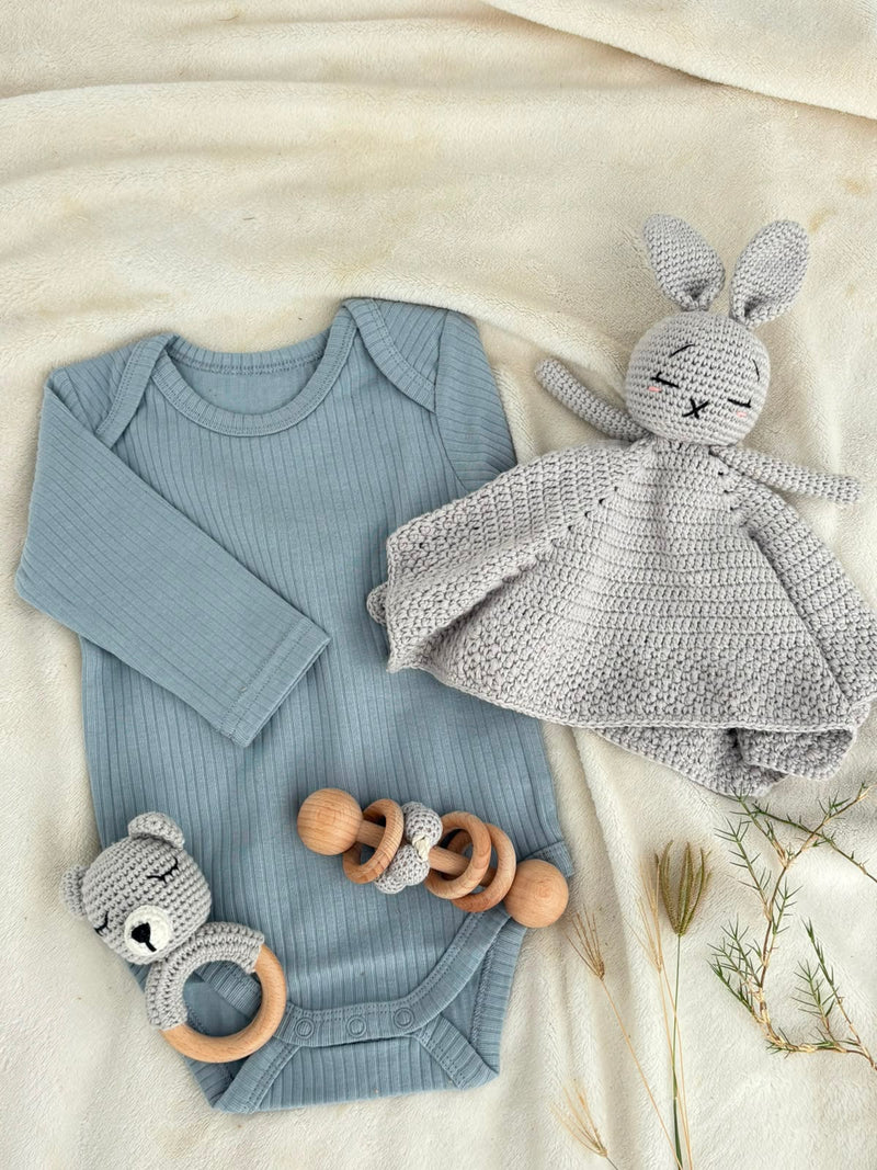 Grey Gift Edit – Baby Bodysuit, Crochet Bunny Comforter & Rattle Gift Set