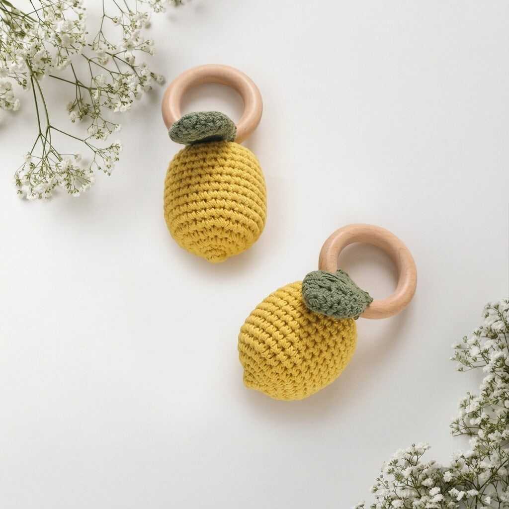 Lumi the Lemon Hand-Knitted Baby Rattle and Teether – natural cotton baby toy by Cuddle Bloom