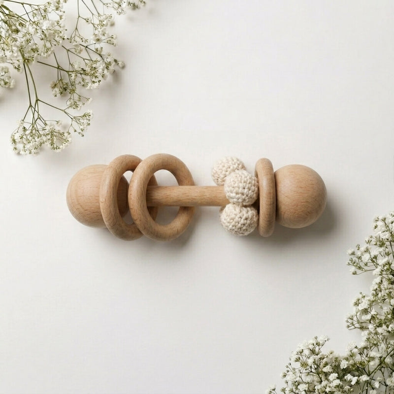Baby Bloom Wooden Teething Rattle side view – safe baby teething toy, Cuddle Bloom