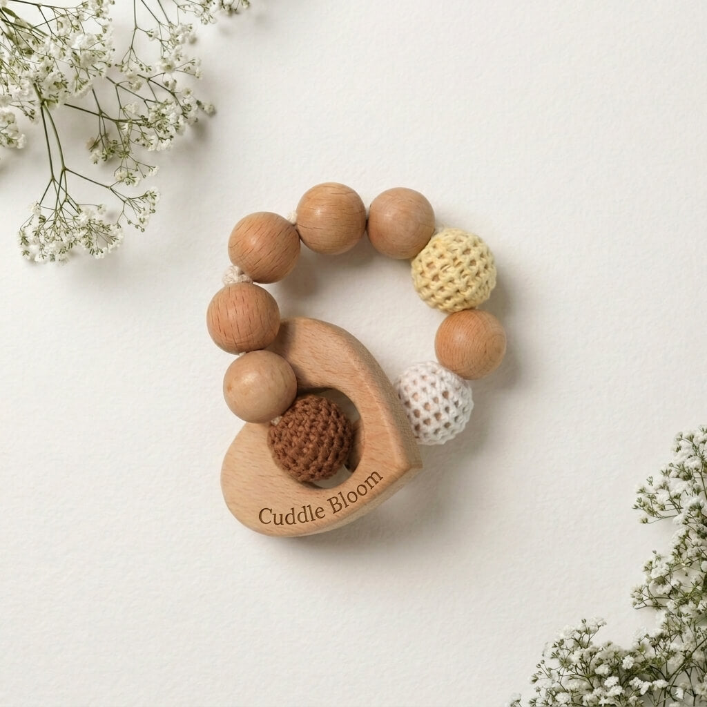 Nuna Wooden Baby Rattle with knitted texture – natural wood baby rattle by Cuddle Bloom