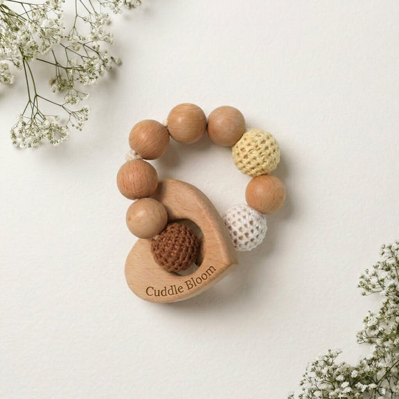 Nuna Wooden Baby Rattle with knitted texture – natural wood baby rattle by Cuddle Bloom