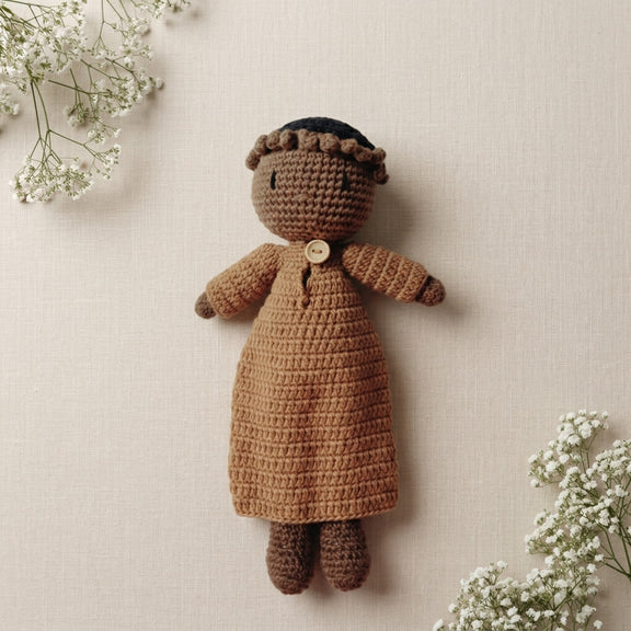 Little Mu'min Buddy Crochet Doll side view – handcrafted Islamic baby doll, Cuddle Bloom