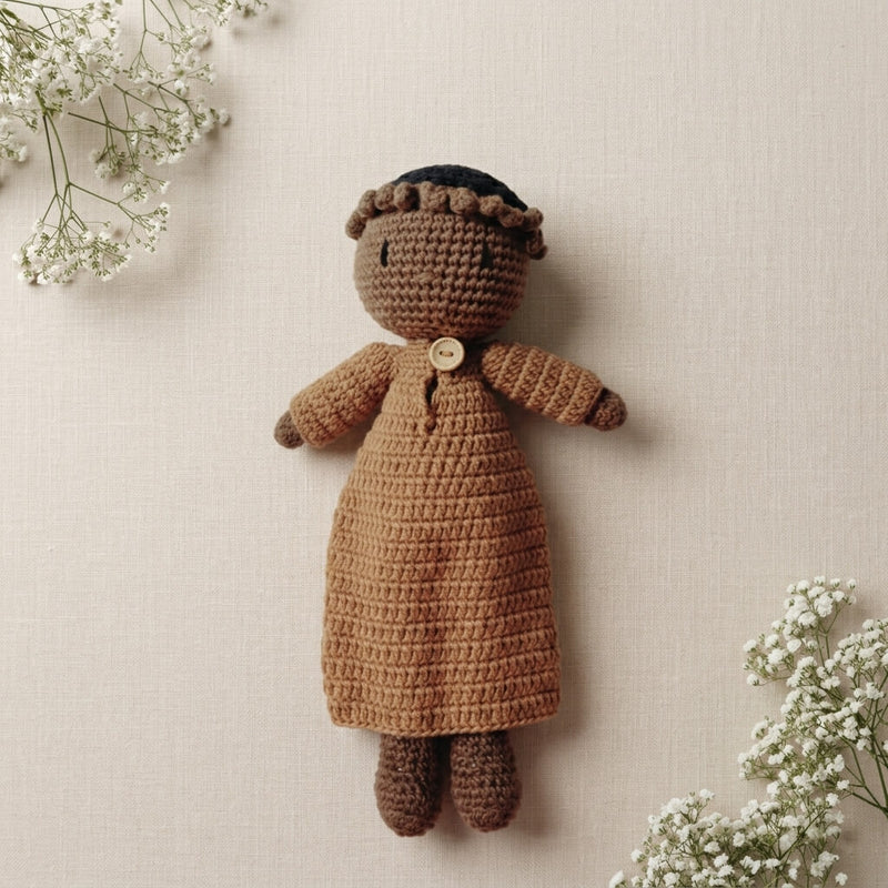 Little Mu'min Buddy Crochet Doll side view – handcrafted Islamic baby doll, Cuddle Bloom