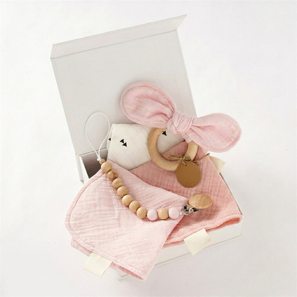 Organic Muslin Baby Bib and Soothing Gift Set – newborn essentials set by Cuddle Bloom Pakistan