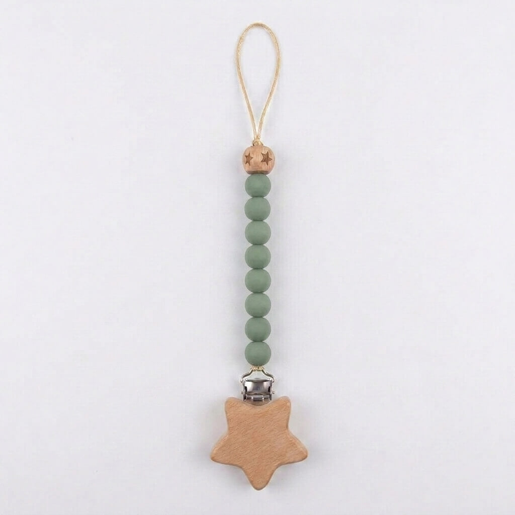 Wooden Star Pacifier Clip lifestyle – baby dummy holder clip, Cuddle Bloom Pakistan