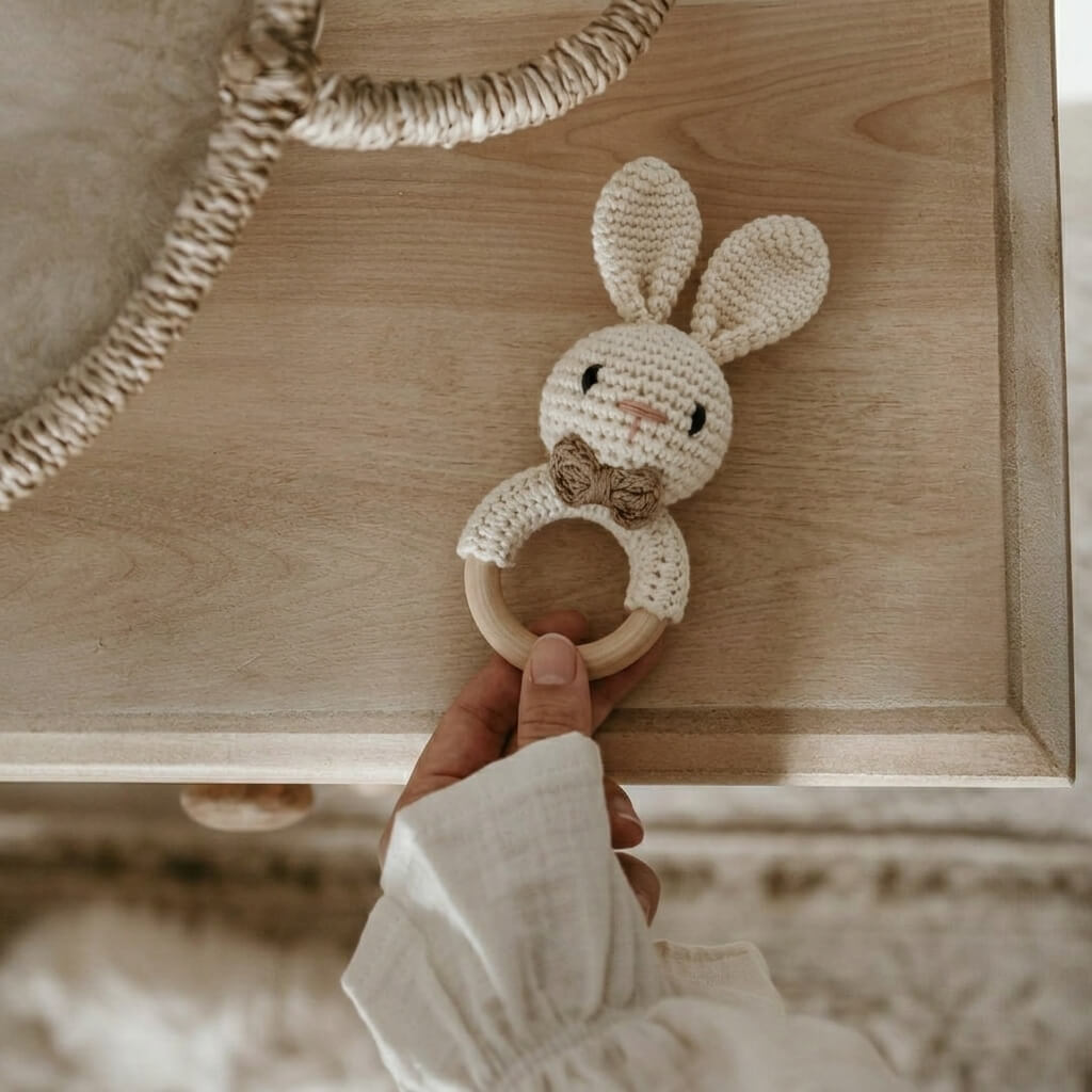 Hand- Woven Crochet Bunny Wooden Teething Rattle | Natural Baby Teether with Built in Bell