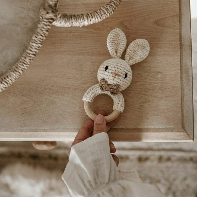 Hand- Woven Crochet Bunny Wooden Teething Rattle | Natural Baby Teether with Built in Bell
