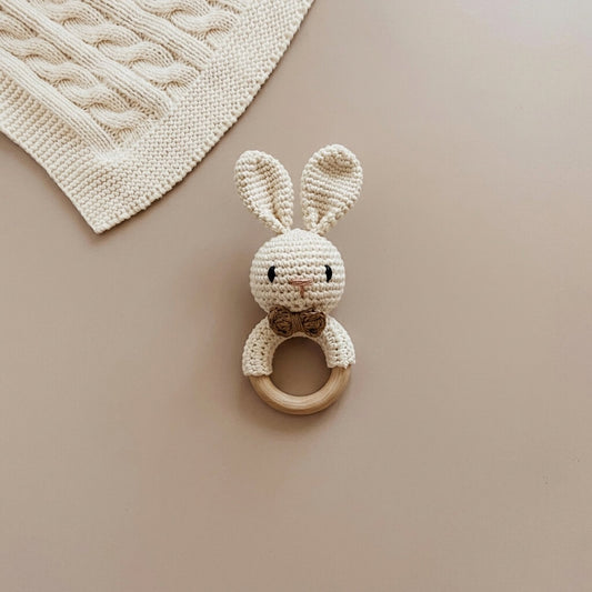 Hand- Woven Crochet Bunny Wooden Teething Rattle | Natural Baby Teether with Built in Bell