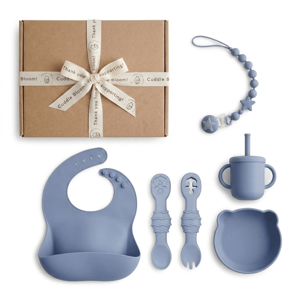 Cuddle Bloom Silicone Baby Feeding Gift Set | Soft Navy