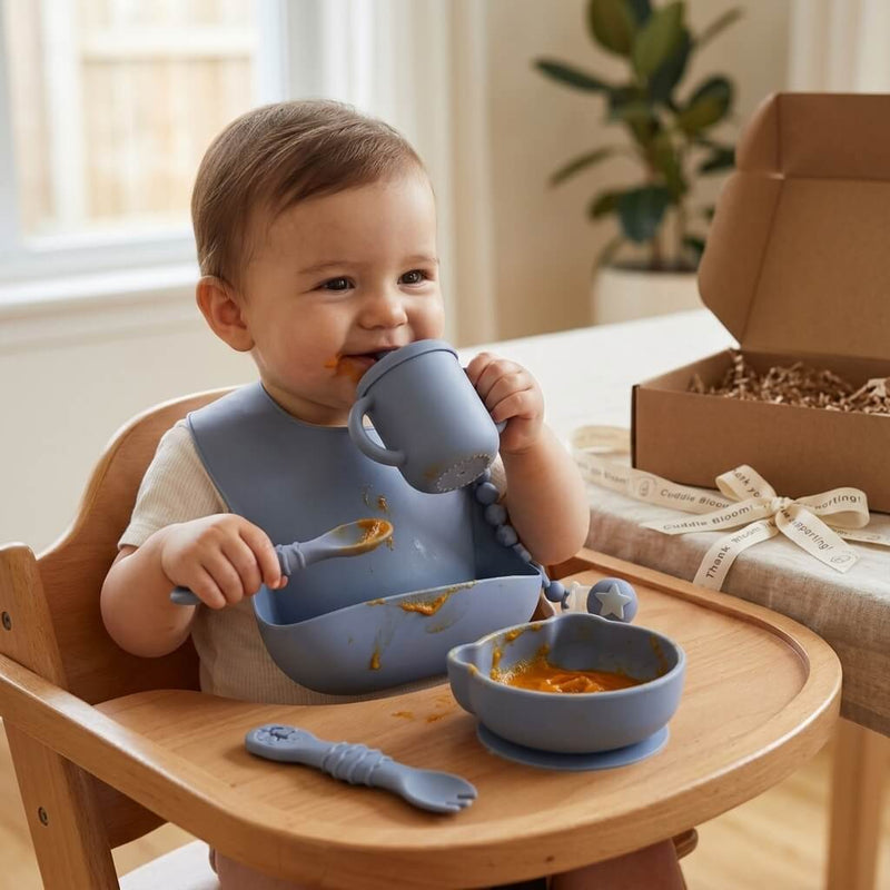 Cuddle Bloom Silicone Baby Feeding Gift Set | Soft Navy