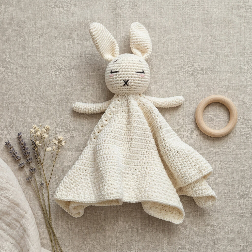 Handmade Crochet Bunny Lovey Blanket | Organic Cotton Baby Comforter