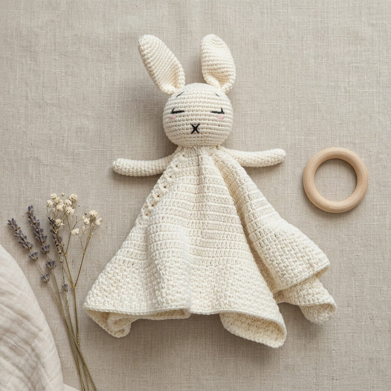 Handmade Crochet Bunny Lovey Blanket | Organic Cotton Baby Comforter