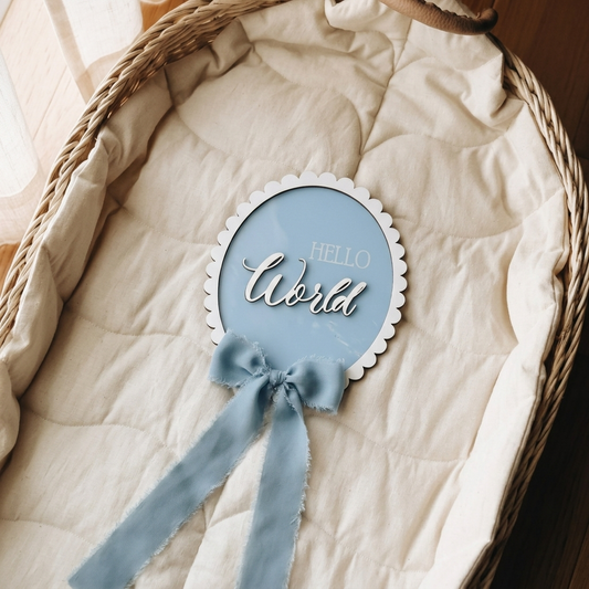 Cloud Blue Waffle Knit Baby Blanket & Wooden Rattle Set – "Hello World"