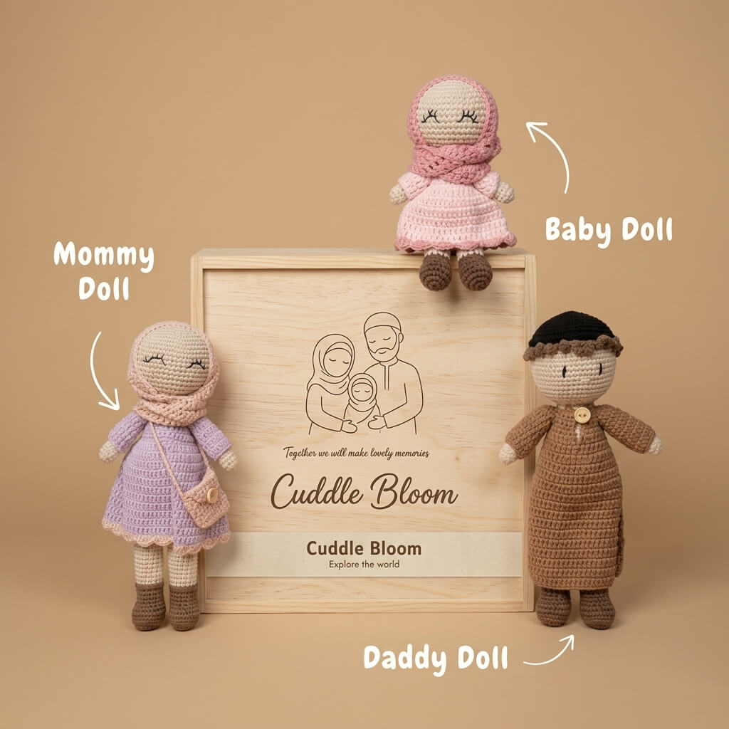 Cuddle Bloom Family Doll Set – Handmade Crochet Mommy, Daddy & Baby Dolls with Wooden Keepsake Box