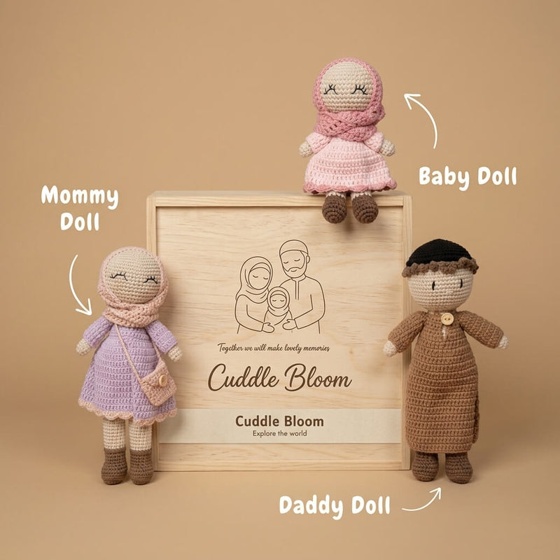 Cuddle Bloom Family Doll Set – Handmade Crochet Mommy, Daddy & Baby Dolls with Wooden Keepsake Box