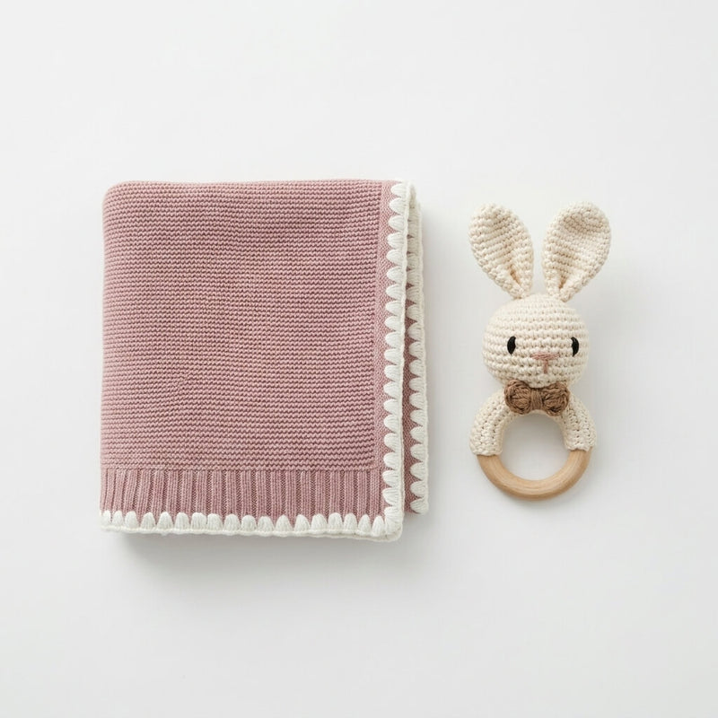Dusty Pink Knit Blanket and Bunny Ring Rattle Gift Set