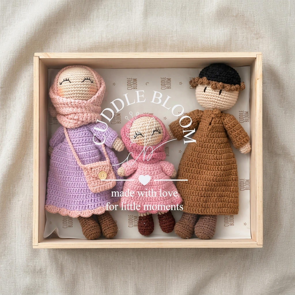 Cuddle Bloom Family Doll Set – Handmade Crochet Mommy, Daddy & Baby Dolls with Wooden Keepsake Box