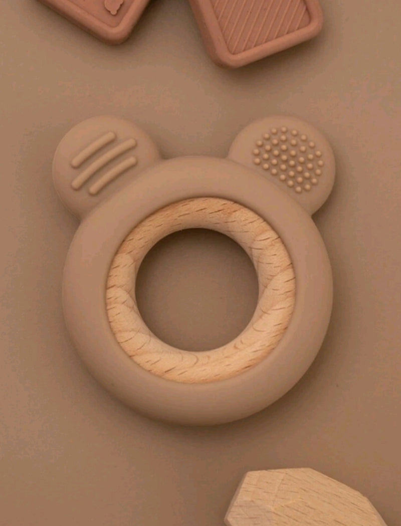 Bear Shaped Brown Silicone and Wooden Teether Ring – natural baby teether by Cuddle Bloom Pakistan
