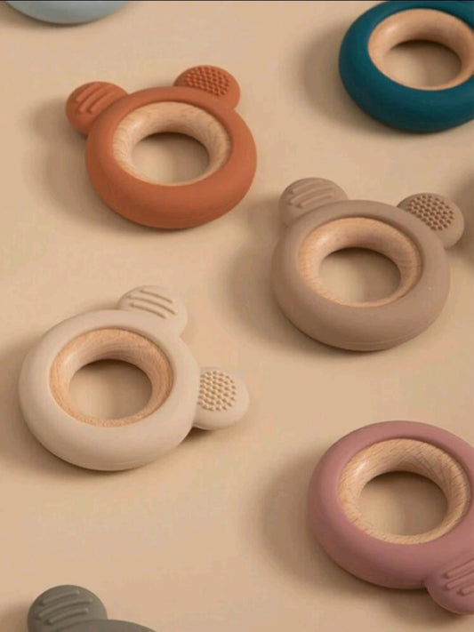 Bear Shaped Silicone Wooden Teether Ring detail – safe baby teething toy, Cuddle Bloom