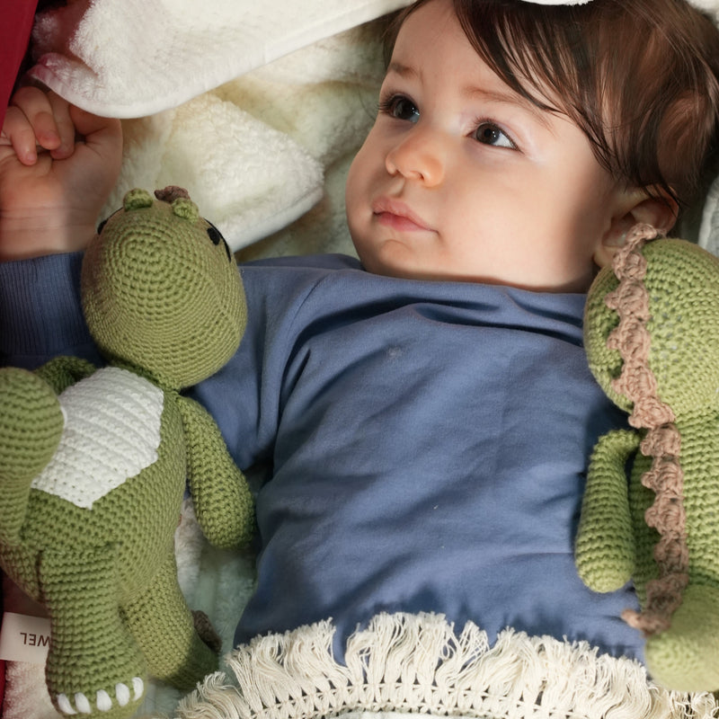 Yarn o Saurus soft knitted dinosaur – handcrafted baby toy by Cuddle Bloom